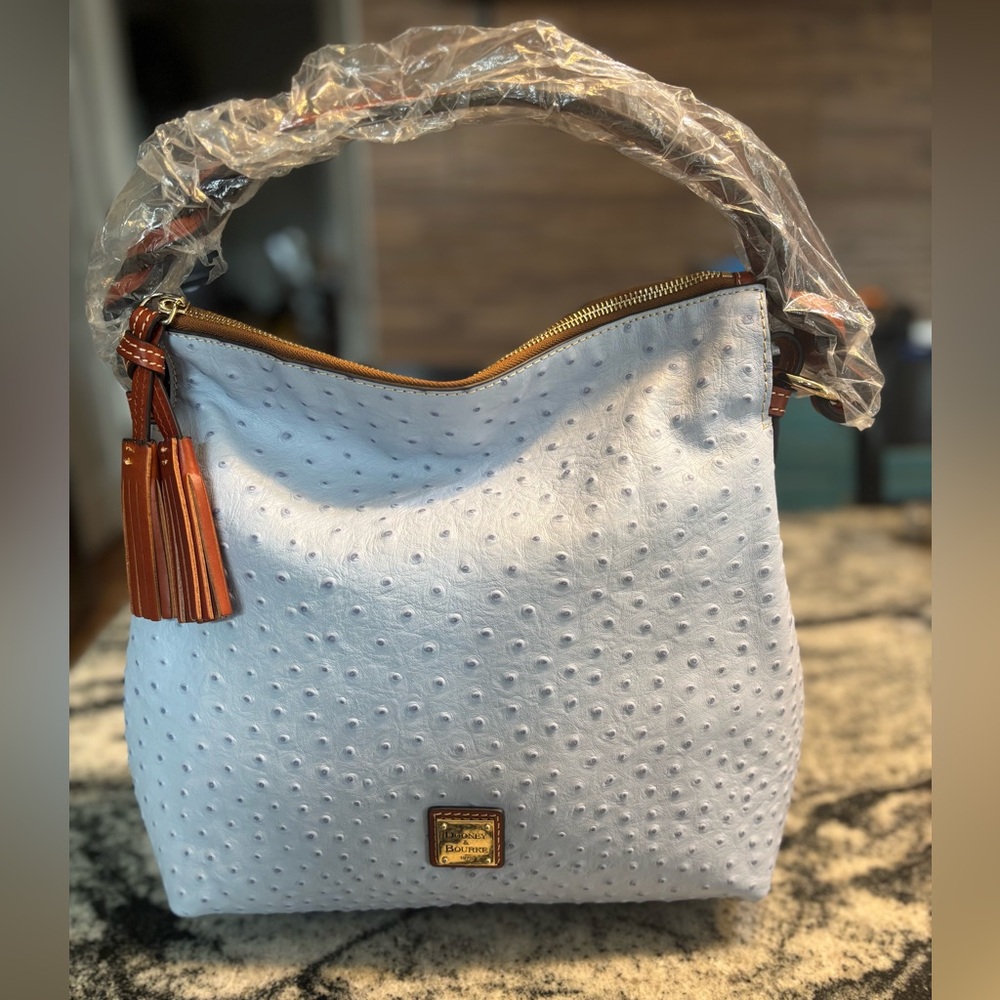 Dooney & Bourke Light Blue Ostrich Twist Strap Hobo Bag with Tan Trim
